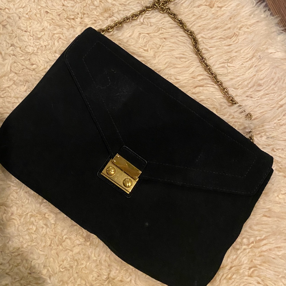 J Crew leather purse with gold chain suede black